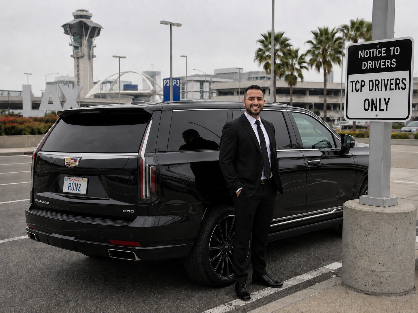 Black car at LAX terminal at dusk